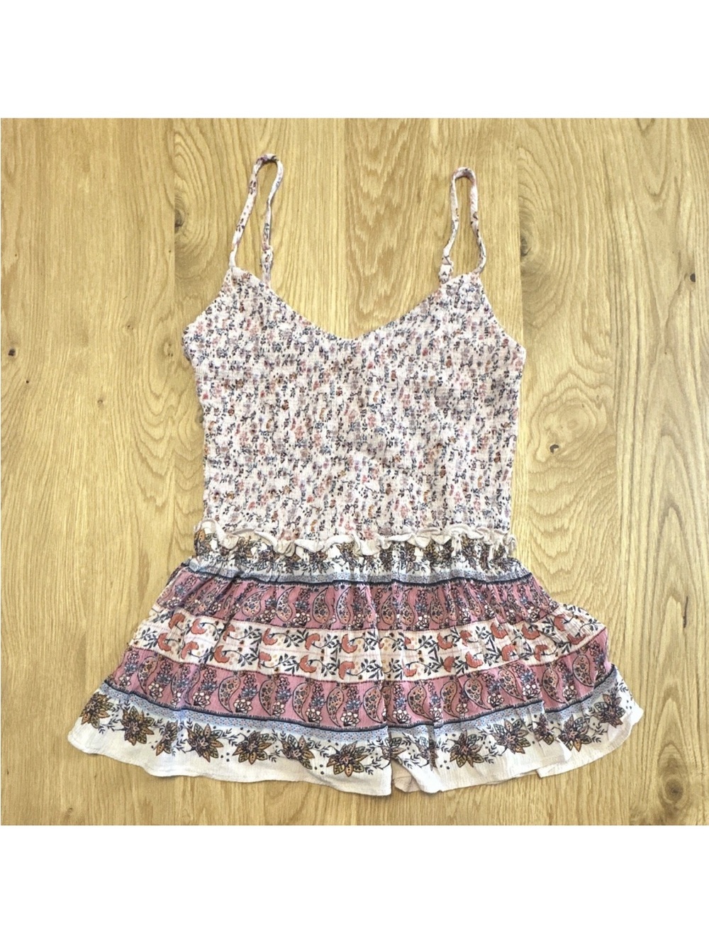 Patrons of Peace Women’s Pink Paisley Smocked Ruffle Boho Strappy Peplum Tank XS